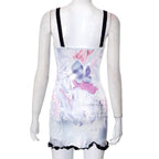 Comic pattern contrast ruffle backless square neck sleeveless mini dress