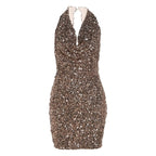 Glitter halter cowl neck ruched self tie backless mini dress