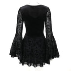 Flared sleeve velvet lace up solid patchwork mini dress