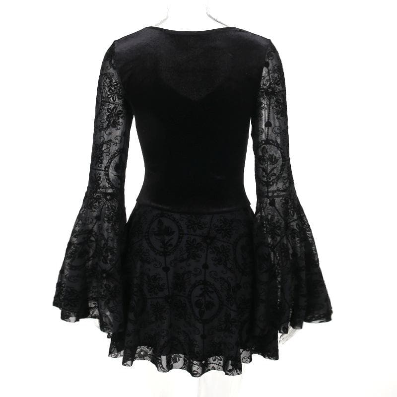 Flared sleeve velvet lace up solid patchwork mini dress