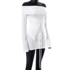 Lace up long sleeve off shoulder ruched solid mini dress