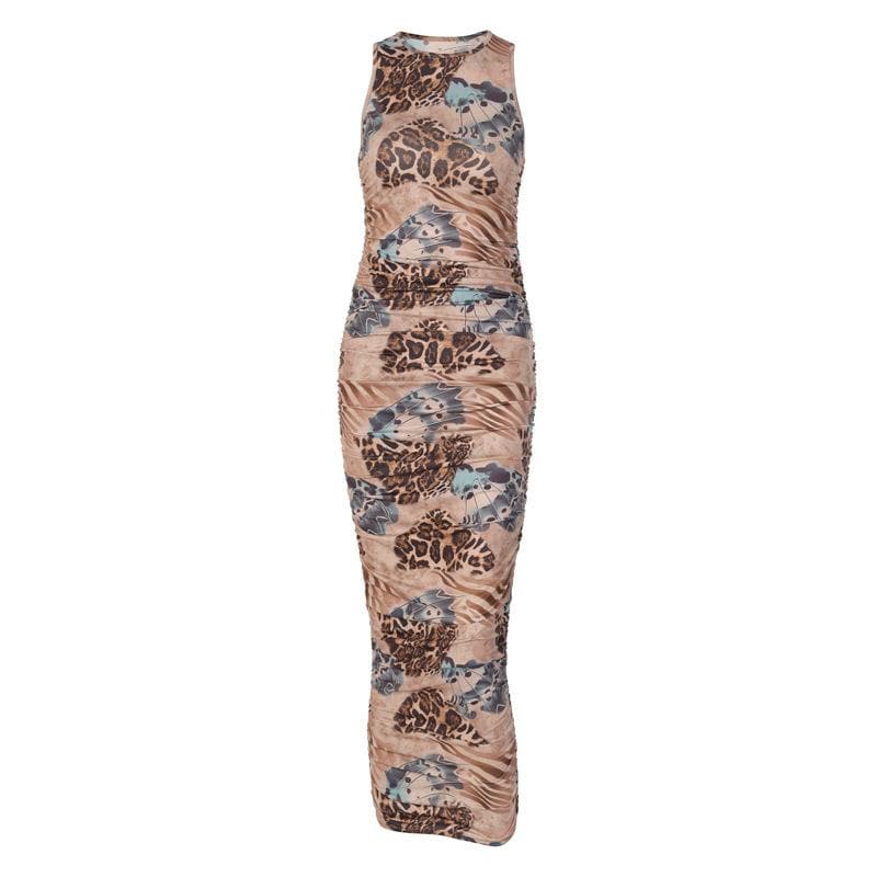 Leopard contrast print sleeveless midi dress