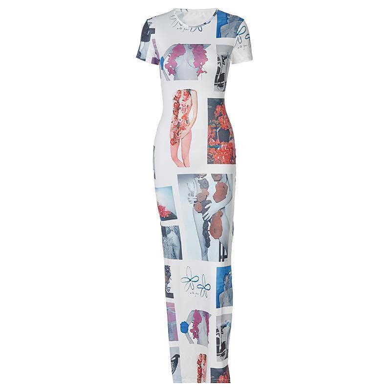 Print crewneck short sleeve slit midi dress