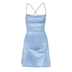 Cross back solid satin cowl neck lace up self tie backless mini dress