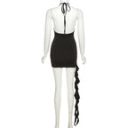Halter solid v neck self tie buckle backless mini dress