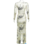 Contrast print ruched long sleeve maxi dress