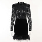 Lace solid see through long sleeve furry mini dress