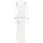 Lace see through self tie solid backless slit maxi dress