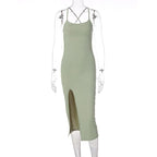 Cross back solid slit backless sleeveless midi dress