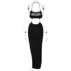 Metal chain halter backless hollow out slit solid midi dress