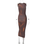 Flower print contrast sleeveless crewneck midi dress