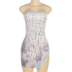 Contrast print slit low cut irregular tube mini dress