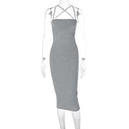 Cross back lace up self tie backless solid square neck midi dress