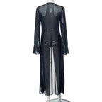 Flared sleeve ruffle sheer mesh see through self tie maxi dress