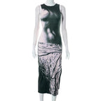 Contrast print sleeveless crewneck slit midi dress