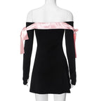 Bowknot contrast gloves long sleeve 3-way off shoulder mini dress