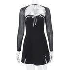 Long sleeve bowknot mesh shrug slit zip-up glitter 2 piece mini dress