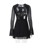 Long flared sleeve crewneck self tie mesh backless mini dress