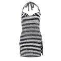 Halter o ring textured striped cowl neck mini dress