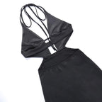 Beaded solid halter backless hollow out slit mini dress
