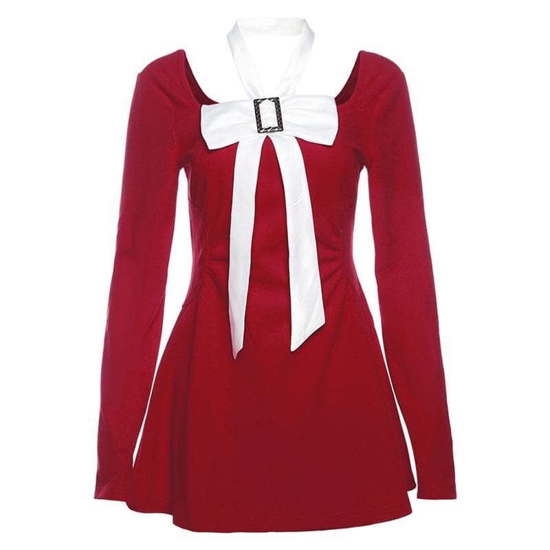 Bowknot long sleeve square neck zip-up contrast 2-way mini dress