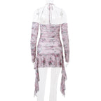 Halter hollow out lace hem flower print gloves mini dress