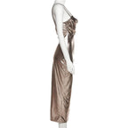 Metallic ruched backless patchwork solid midi dress