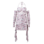 Halter hollow out lace hem flower print gloves mini dress