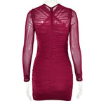 Cross front mesh ruched zip-up long sleeve solid mini dress