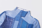 Denim print long sleeve high neck stitch contrast slit maxi dress