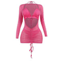 Mesh drawstring ruched long sleeve halter ruffle mini dress