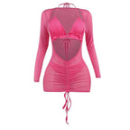 Mesh drawstring ruched long sleeve halter ruffle mini dress
