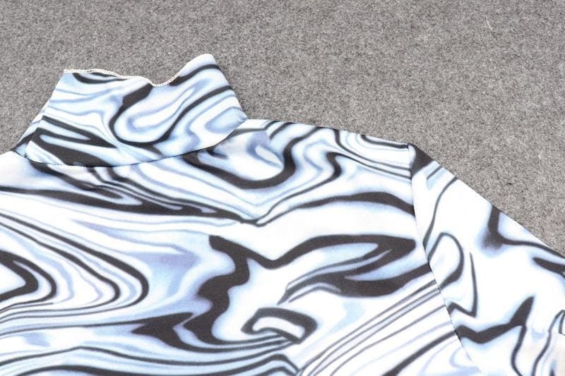 Ripple print contrast high neck short sleeve mini dress