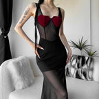 Heart patchwork mesh contrast sleeveless backless maxi dress