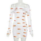 Goldfish print off shoulder long sleeve mini dress