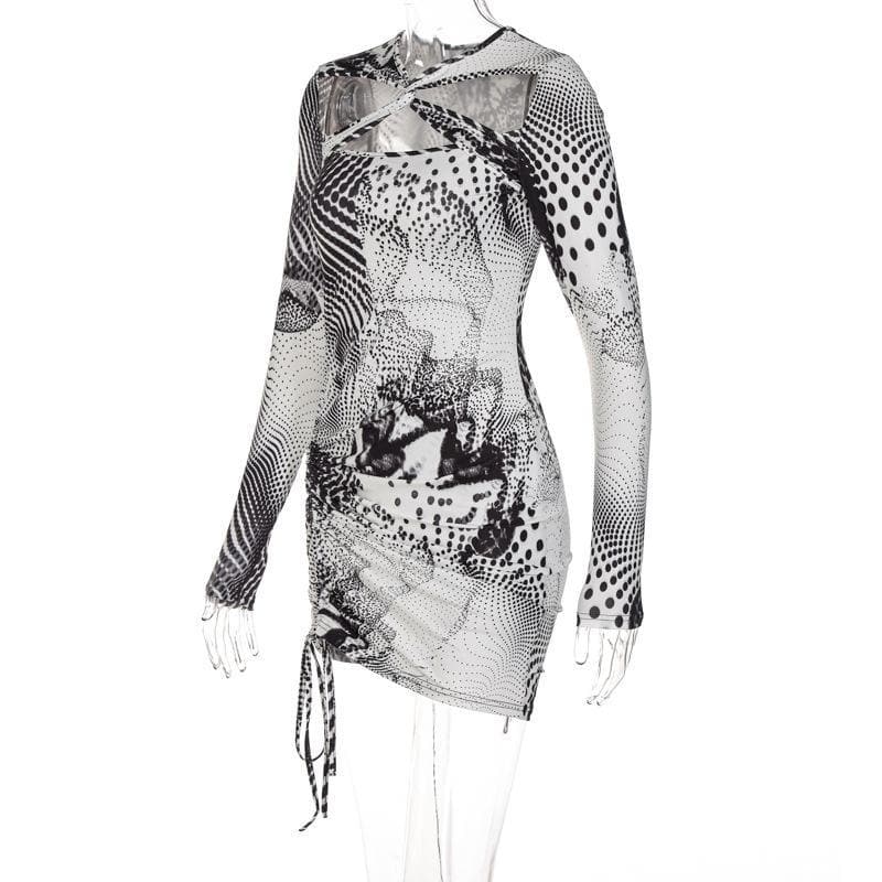 Long sleeve cross front print ruched drawstring dress