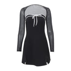 Long sleeve bowknot mesh shrug slit zip-up glitter 2 piece mini dress