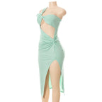 Knotted irregular one shoulder hollow out slit solid midi dress