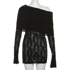 Crochet off shoulder long sleeve hollow out mini dress
