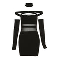 Solid mesh off shoulder cross front gloves metal tag mini dress