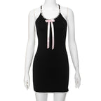 Bowknot ribbon lace hem u neck cross back backless cami mini dress