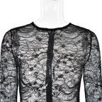 Lace see through long sleeve zip-up self tie ruched mini dress