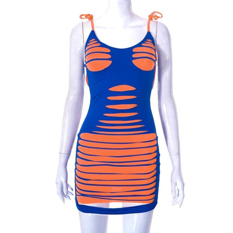 Contrast u neck self tie backless mini dress