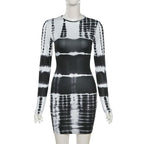 Long sleeve crewneck tie dye bodycon dress
