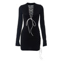 Lace up contrast long sleeve irregular crewneck mini dress