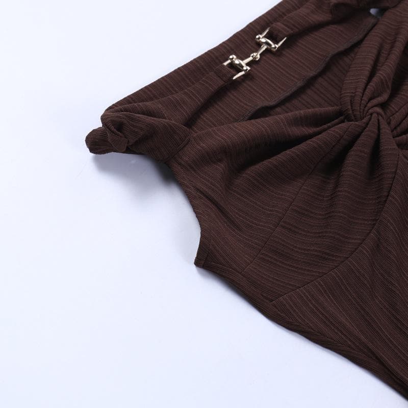 Textured off shoulder metal chain knotted mini dress