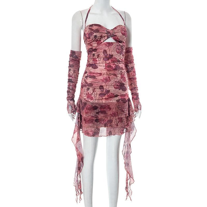 Flower print contrast gloves buckle ruched halter backless ruffle mini dress