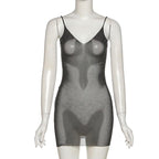 Beaded V neck sheer mesh see through mini dress