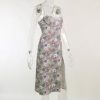 Sleeveless slit lace hem backless flower pattern print cami dress