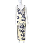 Dragon pattern v neck contrast backless cami maxi dress